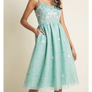 Modcloth Sage/Mint Embroidered Formal Dress